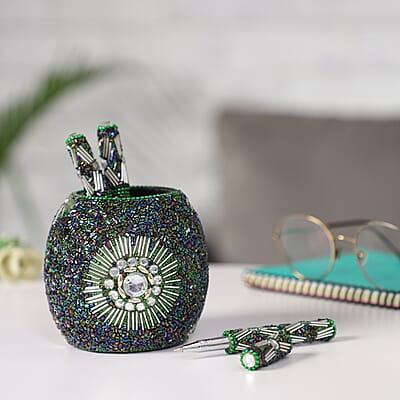 Set of 3 Green Beaded Pen with Matching Beaded Pen Pot