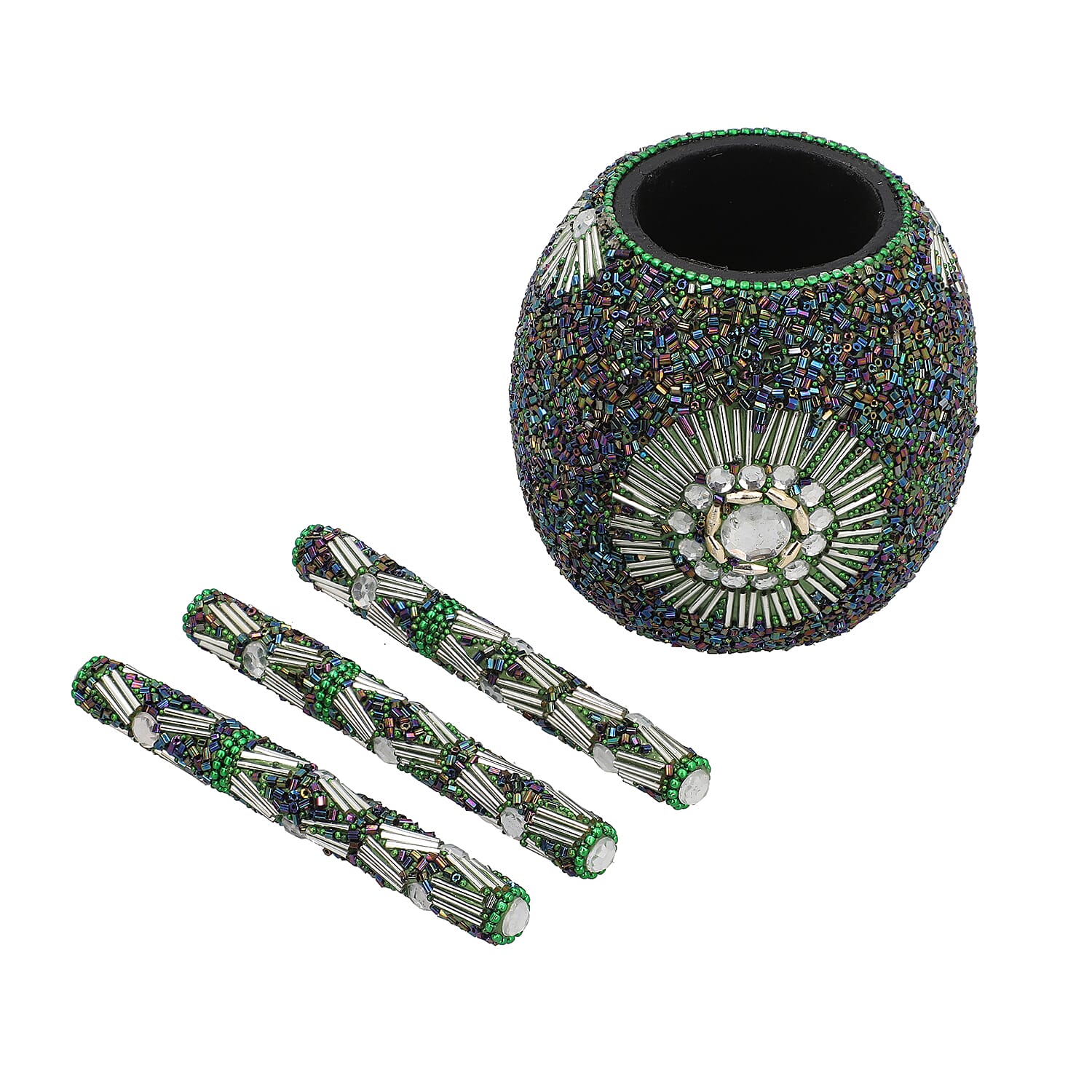 Set of 3 Green Beaded Pen with Matching Beaded Pen Pot