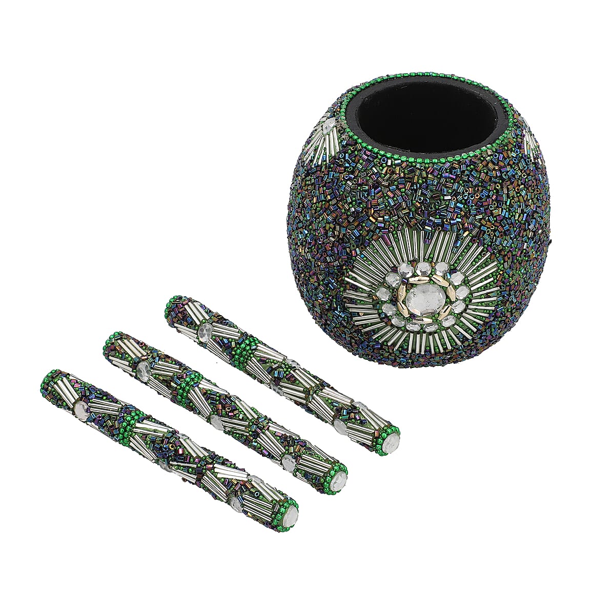 Set of 3 Green Beaded Pen with Matching Beaded Pen Pot image number 2
