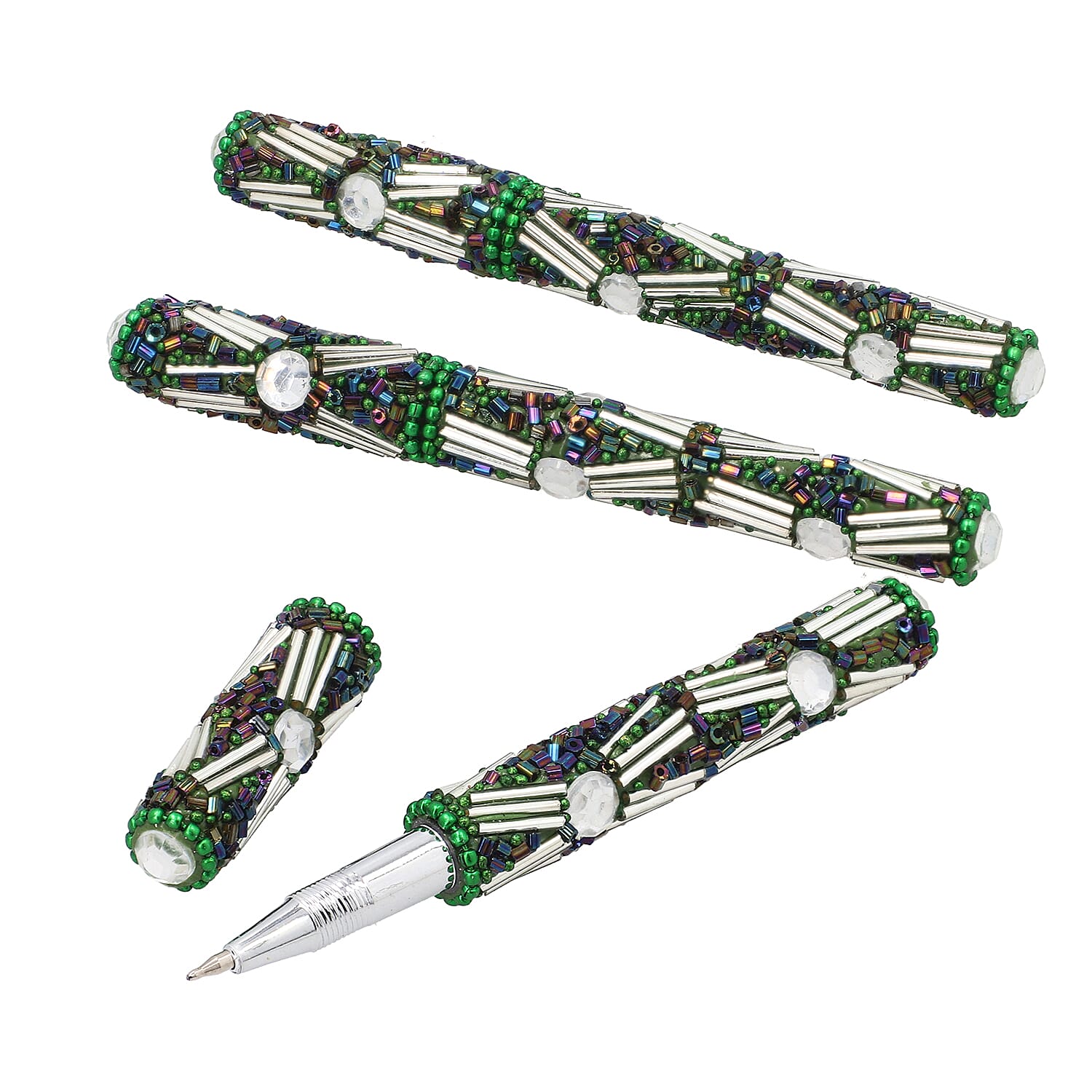 Set of 3 Green Beaded Pen with Matching Beaded Pen Pot