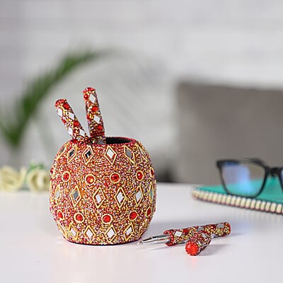 Set of 3 Red Beaded Pen with Matching Beaded Pen Pot