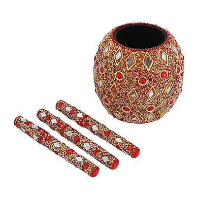 Set of 3 Red Beaded Pen with Matching Beaded Pen Pot