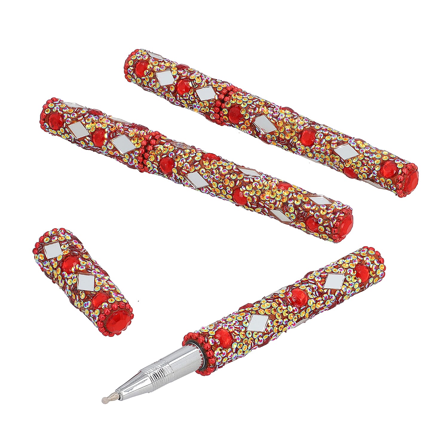 Set of 3 Red Beaded Pen with Matching Beaded Pen Pot