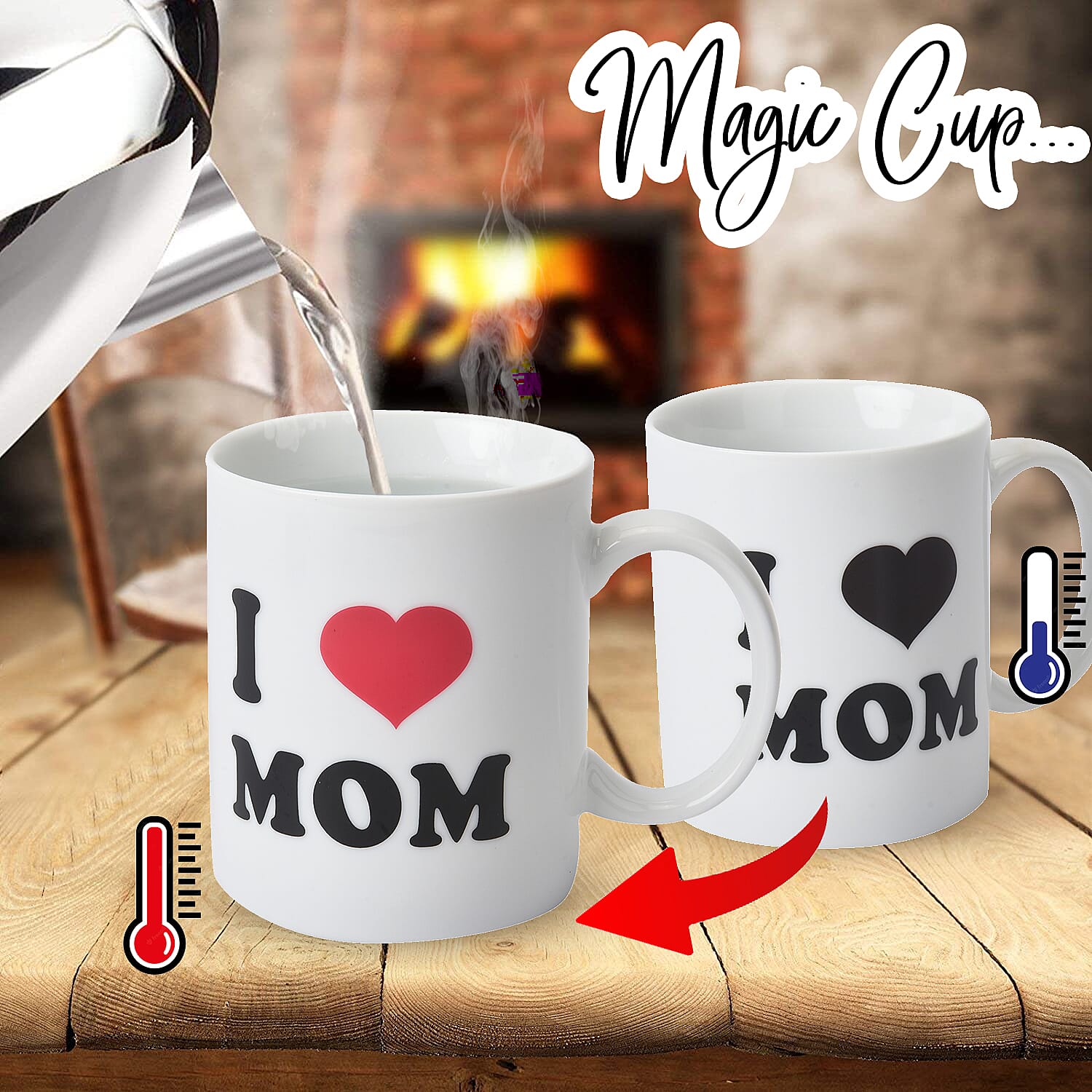 Set of 2 Black and White Ceramic Color Change I Love MOM Cup