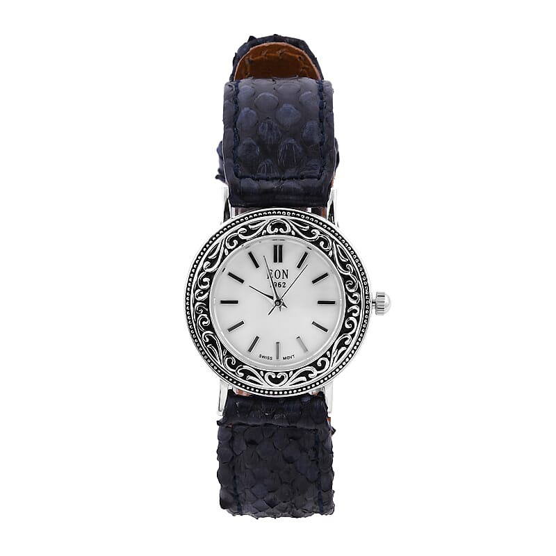 Bali Legacy Eon 1962 Swiss Movement MOP Dial Watch in Sterling Silver with Navy Python Leather Strap