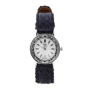 Bali Legacy Eon 1962 Swiss Movement MOP Dial Watch in Sterling Silver with Navy Python Leather Strap
