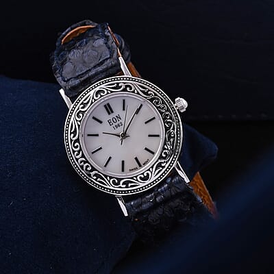 Bali Legacy Eon 1962 Swiss Movement MOP Dial Watch in Sterling Silver with Navy Python Leather Strap