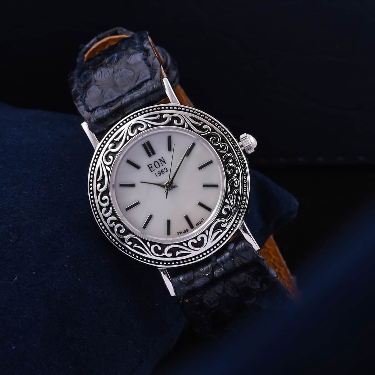 Bali Legacy Eon 1962 Swiss Movement MOP Dial Watch in Sterling Silver with Navy Python Leather Strap image number 1