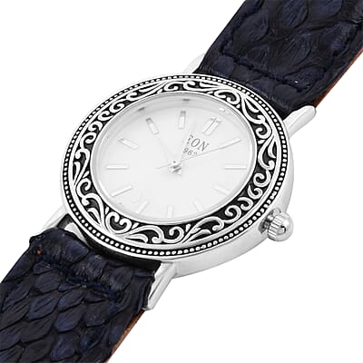Bali Legacy Eon 1962 Swiss Movement MOP Dial Watch in Sterling Silver with Navy Python Leather Strap