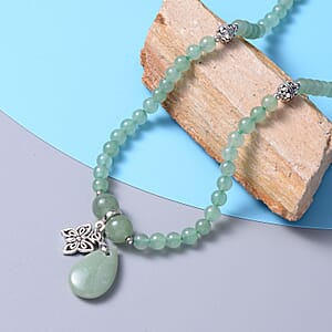 Green Aventurine 180.50 ctw Beaded Multi Wear Necklace with Butterfly Charm in Silvertone 24 Inches