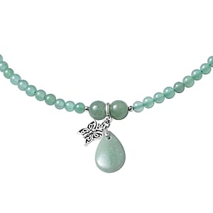 Green Aventurine 180.50 ctw Beaded Multi Wear Necklace with Butterfly Charm in Silvertone 24 Inches