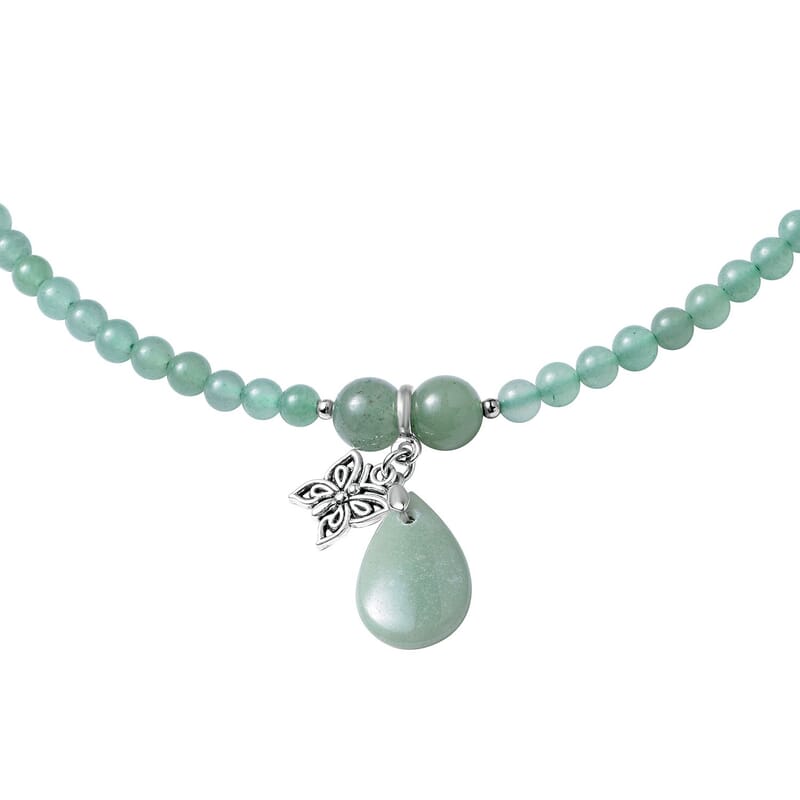 Green Aventurine 180.50 ctw Beaded Multi Wear Necklace with Butterfly Charm in Silvertone 24 Inches