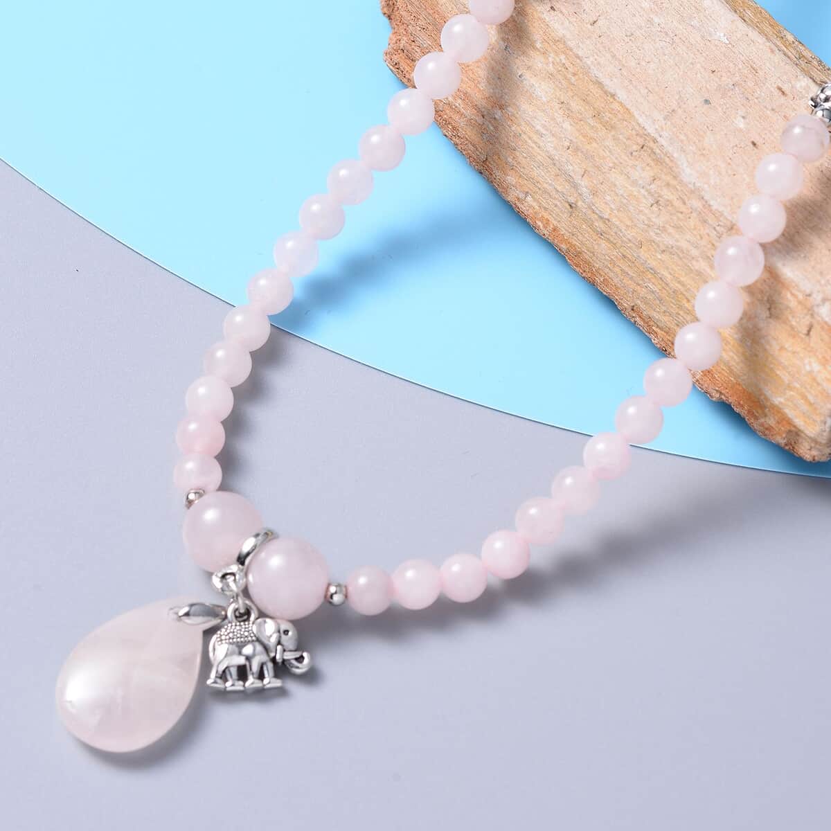 Galilea Rose Quartz 185.50 ctw Beaded Multi Wear Necklace with Elephant Charm in Silvertone 24 Inches image number 1