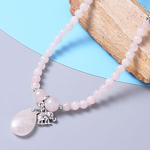 Galilea Rose Quartz 185.50 ctw Beaded Multi Wear Necklace with Elephant Charm in Silvertone 24 Inches