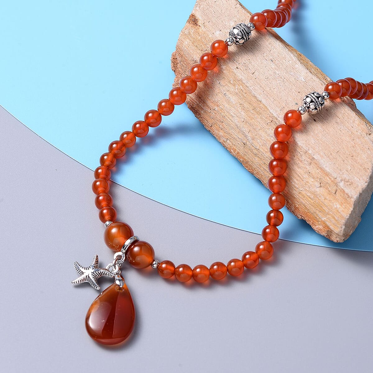Red Agate 174.50 ctw Beaded Multi Wear Necklace with Starfish Charm in Silvertone 24 Inches image number 1