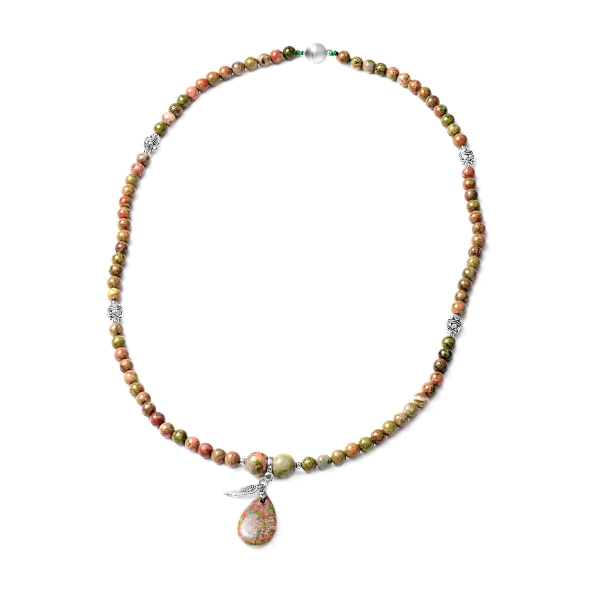 Unakite 205.50 ctw Beaded Multi Wear Necklace with Wings Charm in Silvertone 24 Inches image number 0