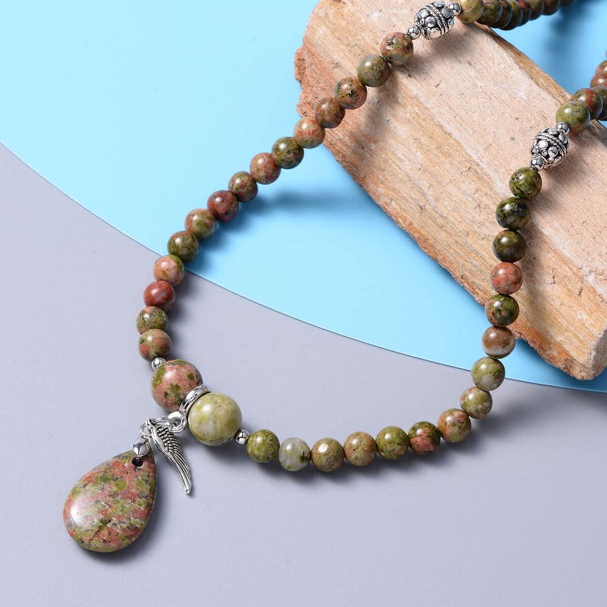 Unakite 205.50 ctw Beaded Multi Wear Necklace with Wings Charm in Silvertone 24 Inches image number 1