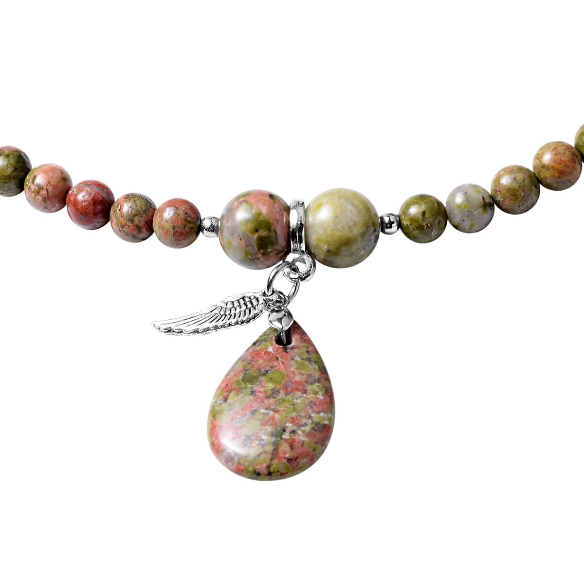 Unakite 205.50 ctw Beaded Multi Wear Necklace with Wings Charm in Silvertone 24 Inches image number 2