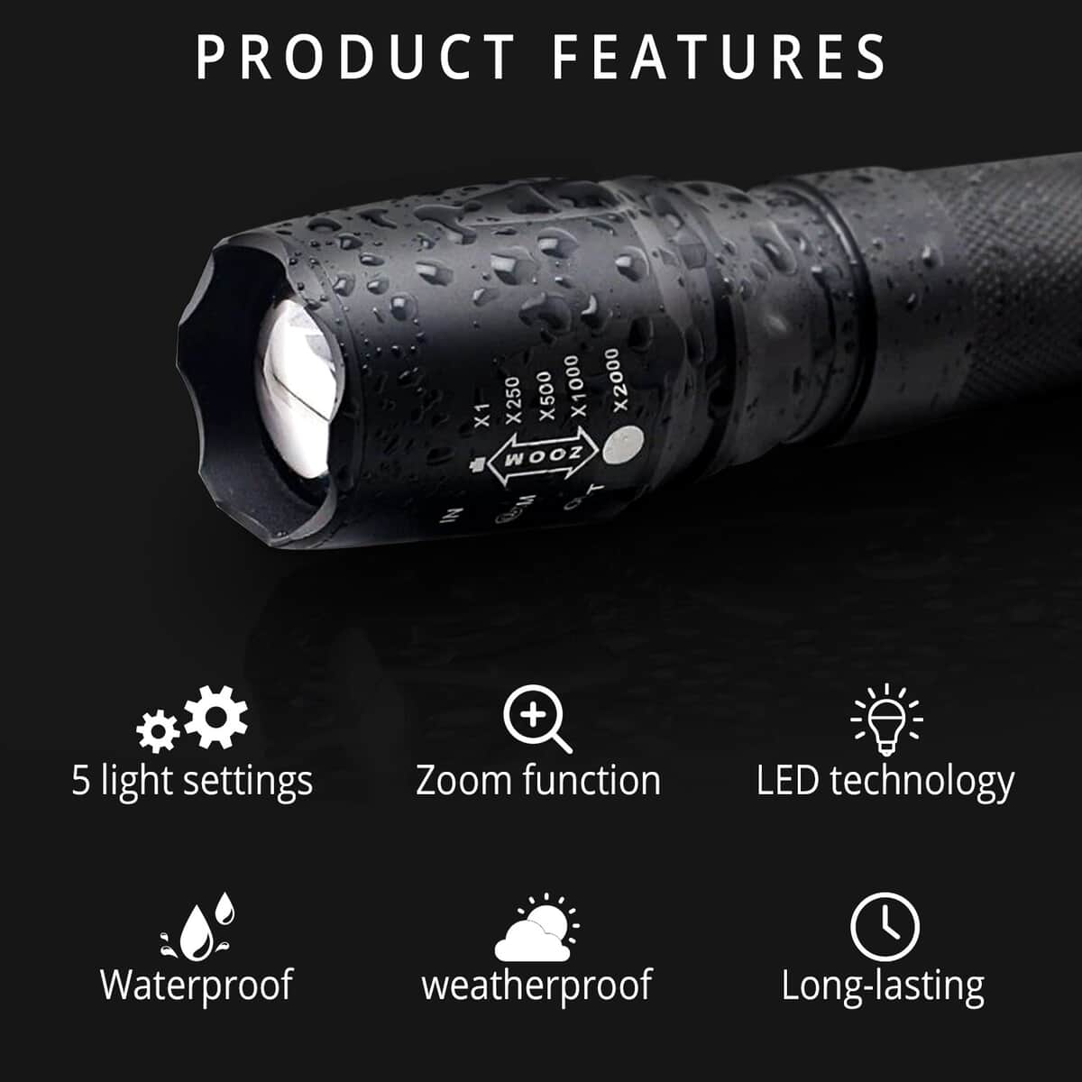 LED Tactical Flashlight Rechargeable, Waterproof, Zoomable, 5-Speed Mode Pocket-Size Flash Light For Camping, Hiking, Emergency Use image number 2