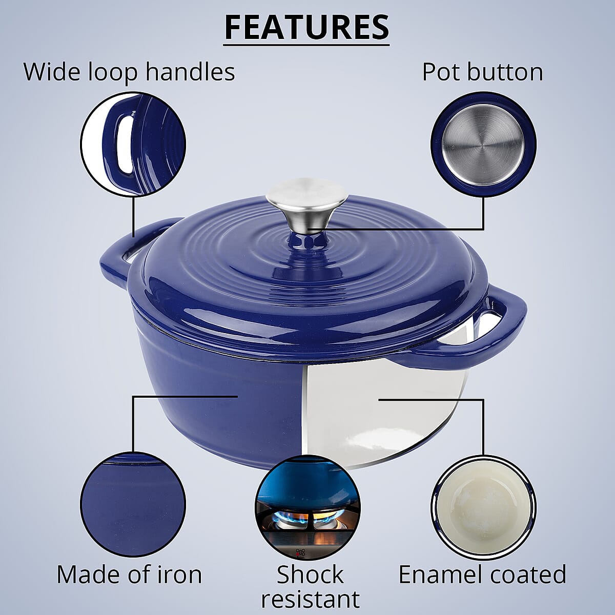 Homesmart Blue Color Enamel Coated Cast Iron Dutch Oven (3.2QT Capacity) image number 2