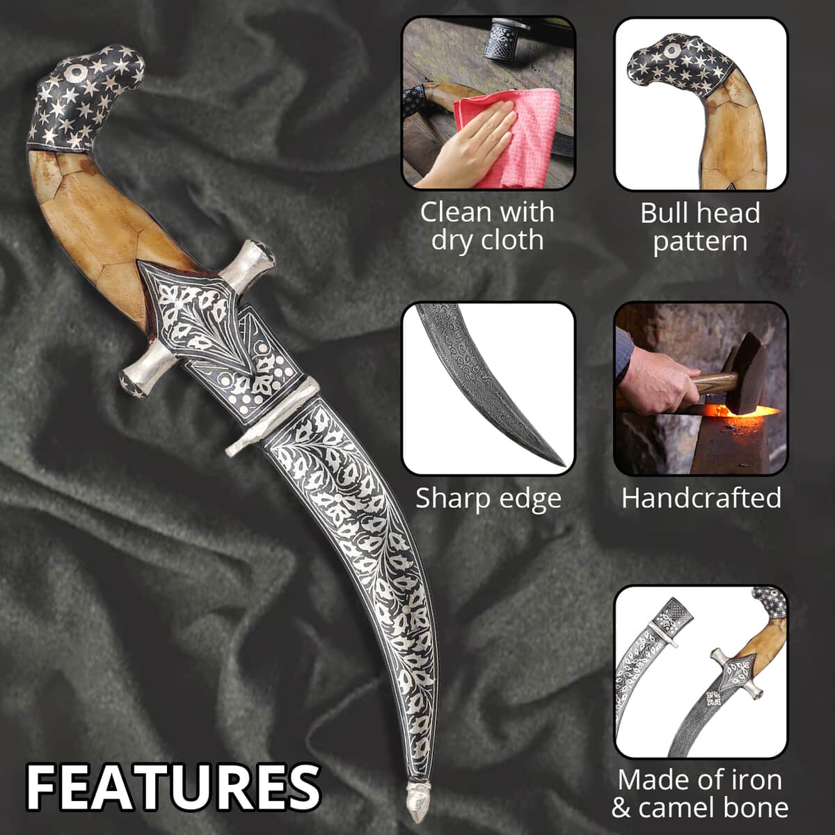 Handcrafted Bone Handle Dagger with German Silver Guard. (bull Head). (With Wooden Box) (Camel Bone) image number 2