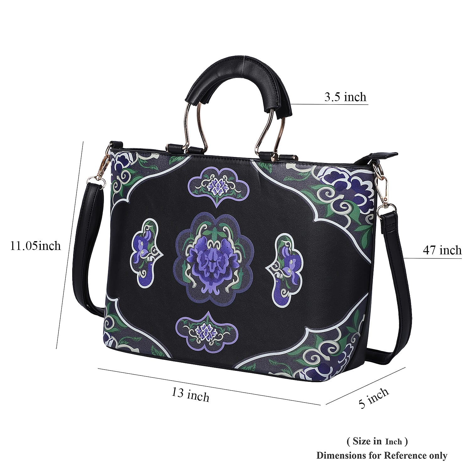 Black Floral Printed Pattern Faux Leather Convertible Bag with Handle Drop & Shoulder Bag