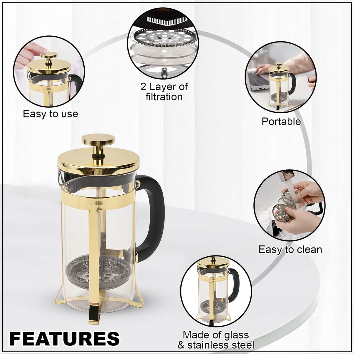Golden French Press Coffee Maker in Stainless Steel with 2 Layer of Filtration 350 ml (5.31"x3.1"x6.37") image number 2