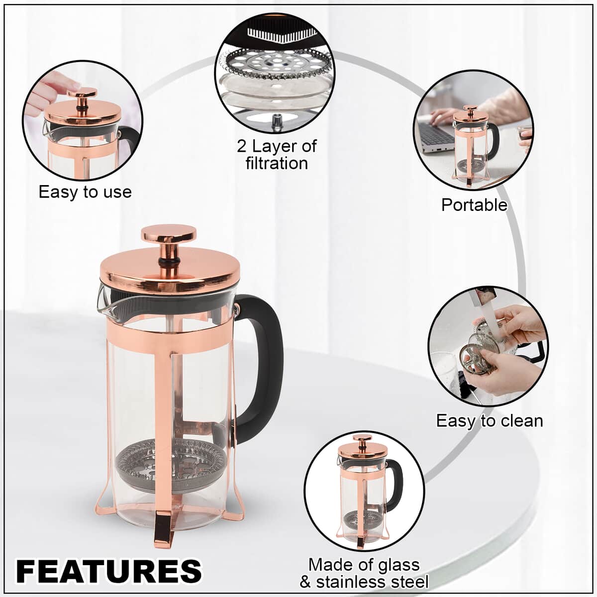 Rose Gold French Press Coffee Maker in Stainless Steel with 2 Layer of Filtration 350 ml image number 2