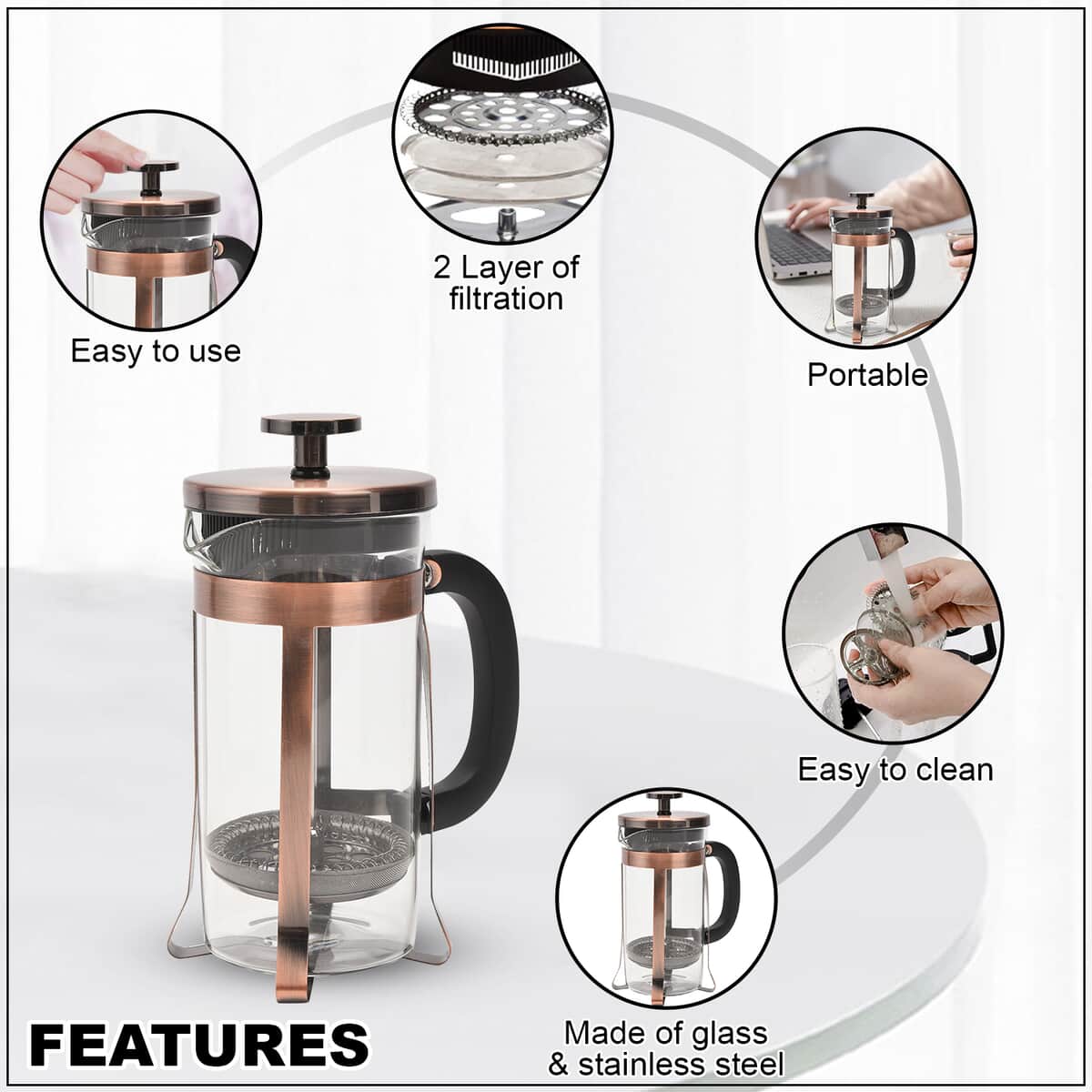 Black French Press Coffee Maker in Stainless Steel with 2 Layer of Filtration 350 ml image number 2