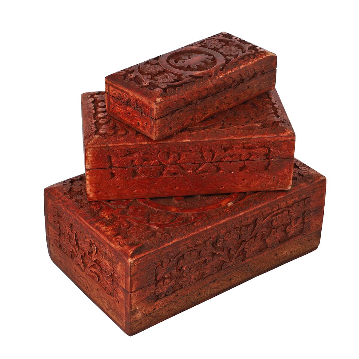 Handcraft Set of 3 Elephant Carved Finished Mango Wooden Nesting Boxes (8,6,5 in) image number 0
