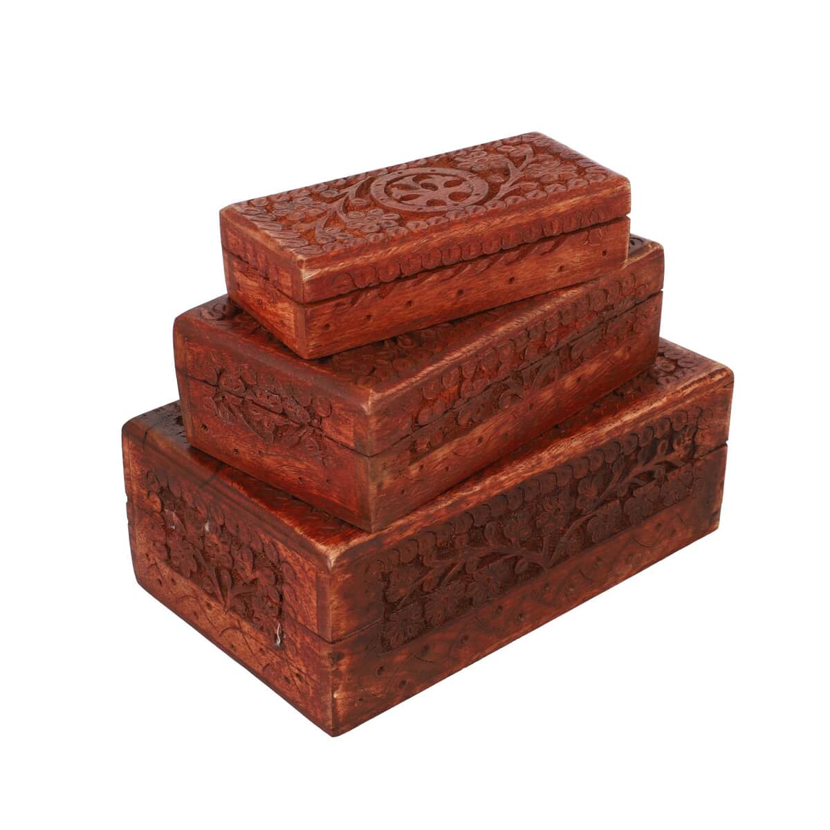 Handcraft Set of 3 Tree of Life Carved Finished Mango Wooden Nesting Boxes, Storage Box for Women image number 0