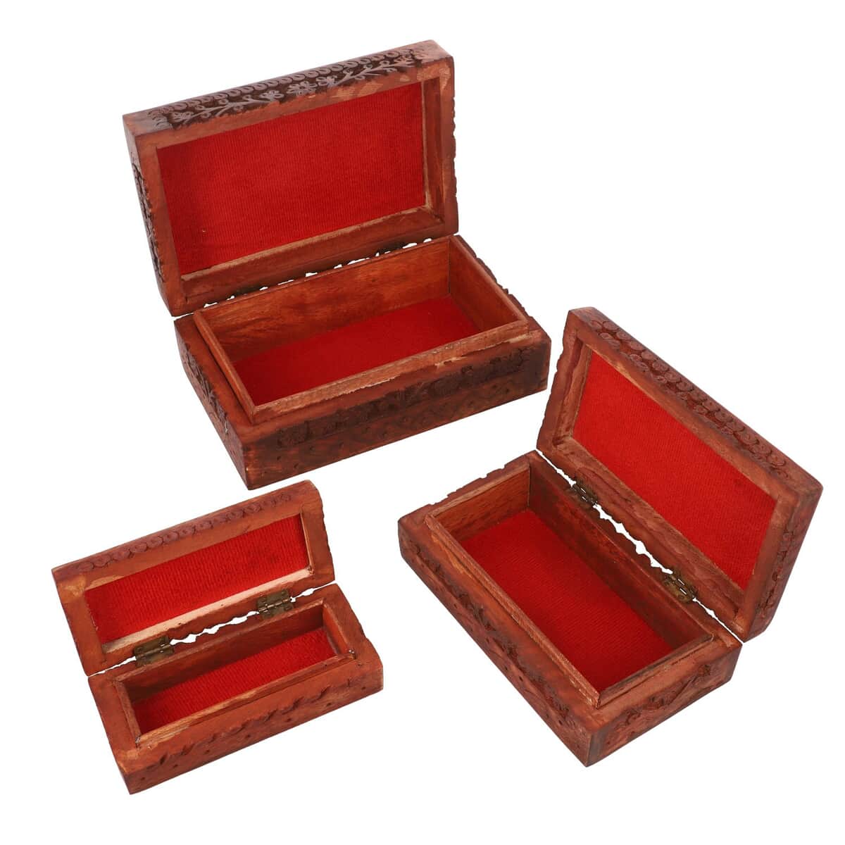 Handcraft Set of 3 Tree of Life Carved Finished Mango Wooden Nesting Boxes, Storage Box for Women image number 4