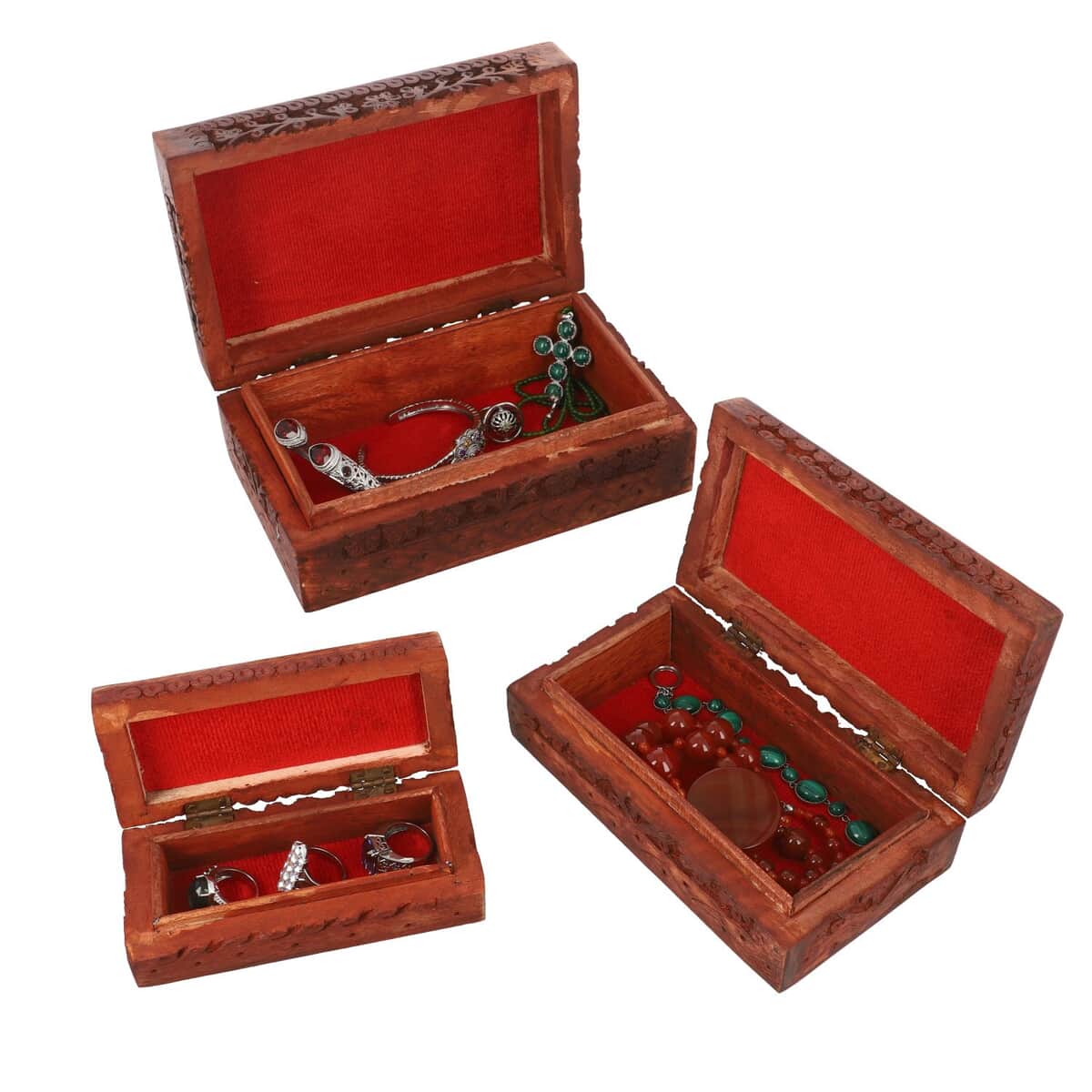 Handcraft Set of 3 Tree of Life Carved Finished Mango Wooden Nesting Boxes, Storage Box for Women image number 5
