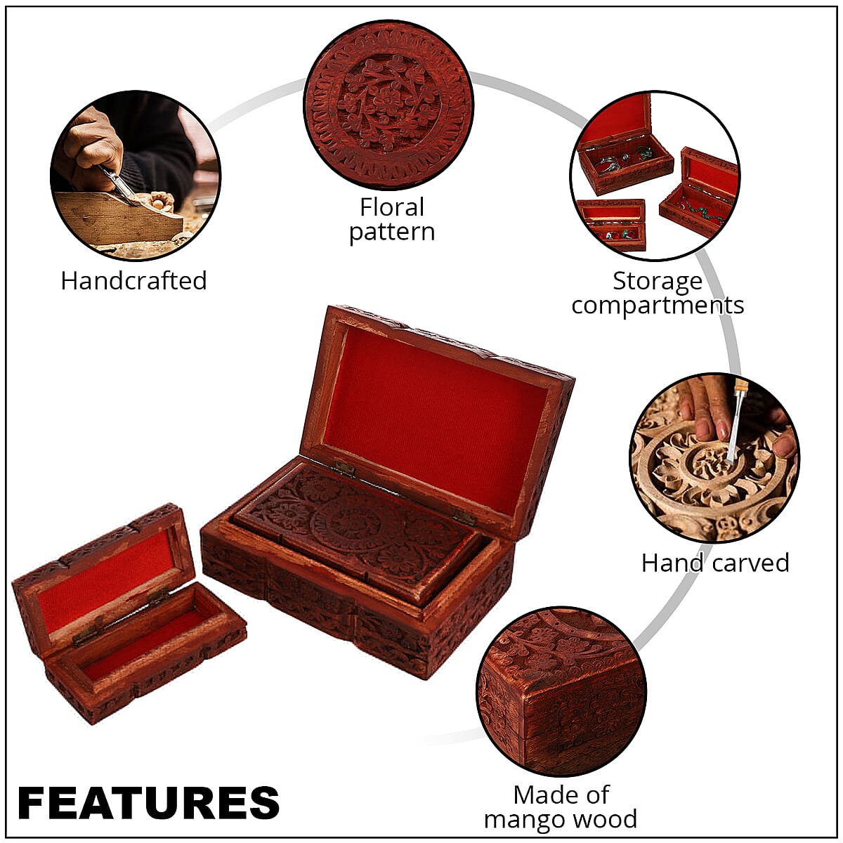 Handcraft Set of 3 Floral Carved Finished Mango Wooden Nesting Boxes image number 2