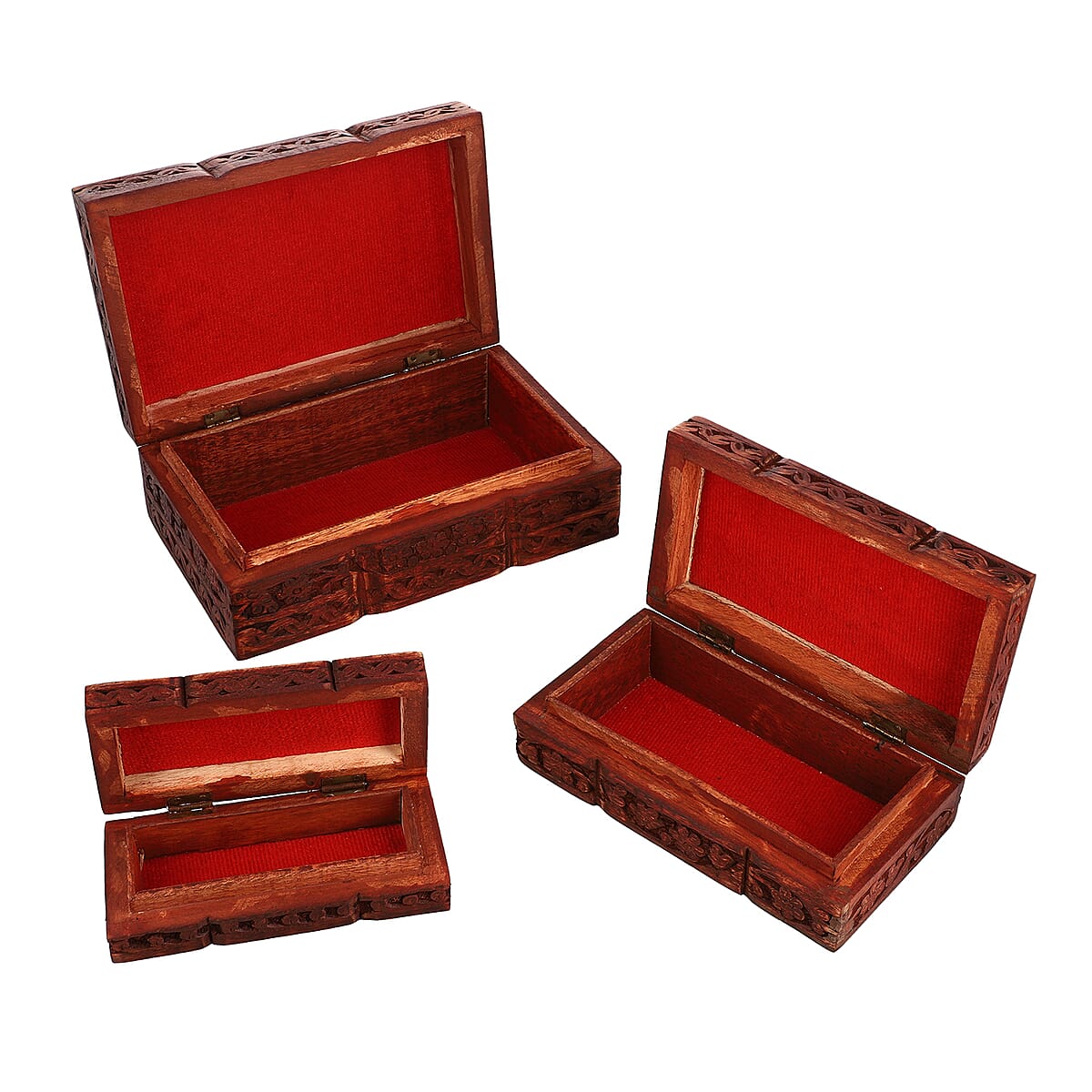 Handcraft Set of 3 Floral Carved Finished Mango Wooden Nesting Boxes image number 4