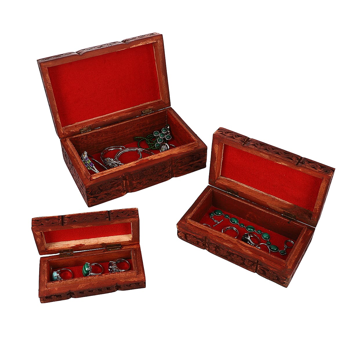 Handcraft Set of 3 Floral Carved Finished Mango Wooden Nesting Boxes image number 5