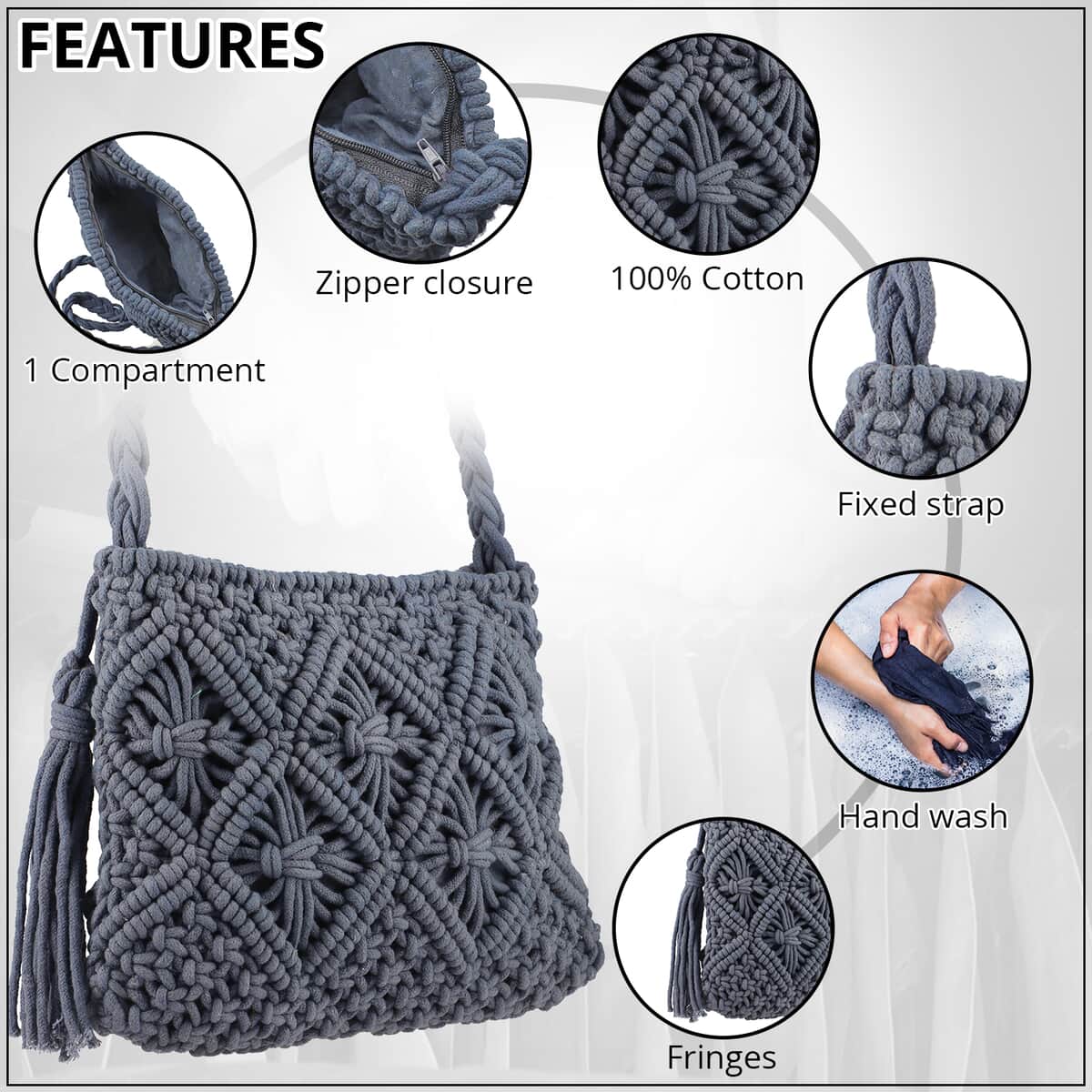 "100% Cotton Crossbody Macrame Bag SIZE: 9(L)x8(H) with 23 inch long handle COLOR: Gray" image number 2