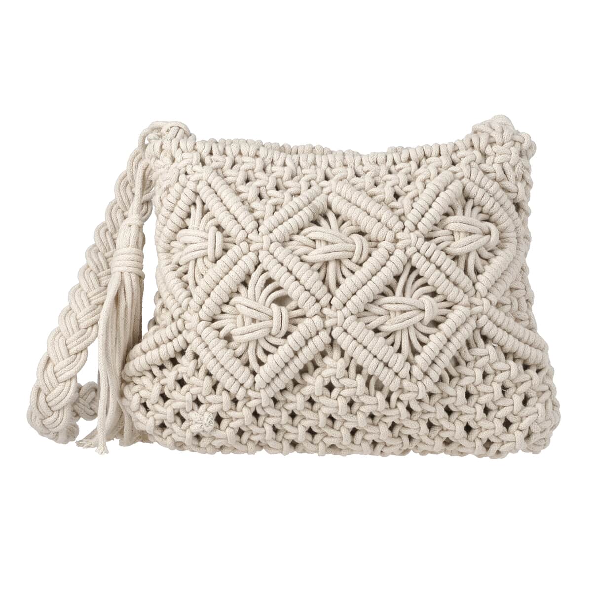 White Cotton Macrame Crossbody Bag with Long Strap image number 0