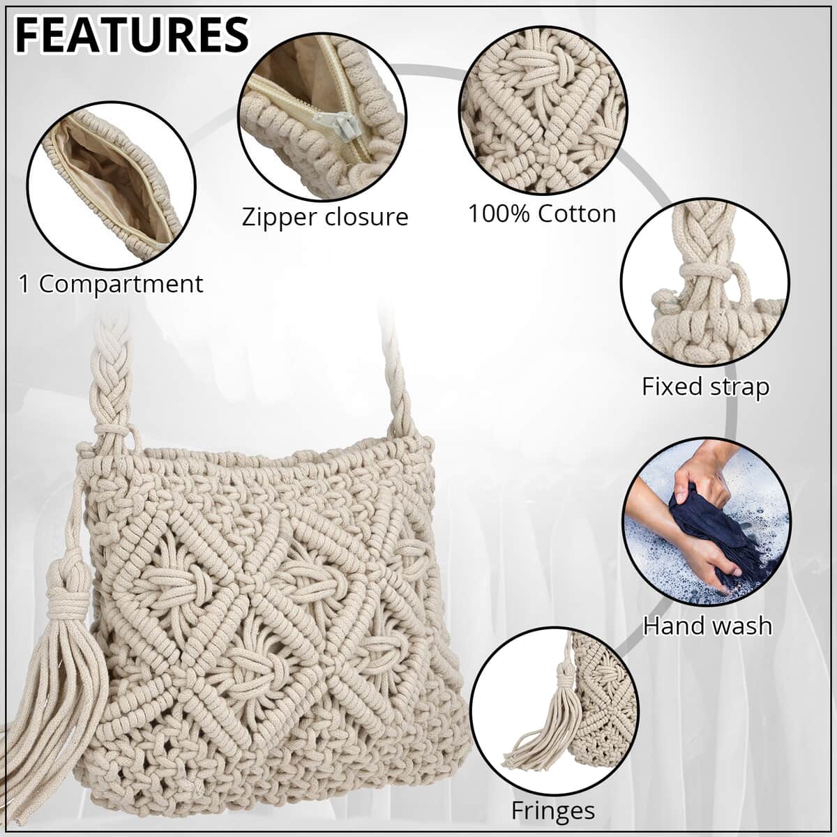 White Cotton Macrame Crossbody Bag with Long Strap image number 2