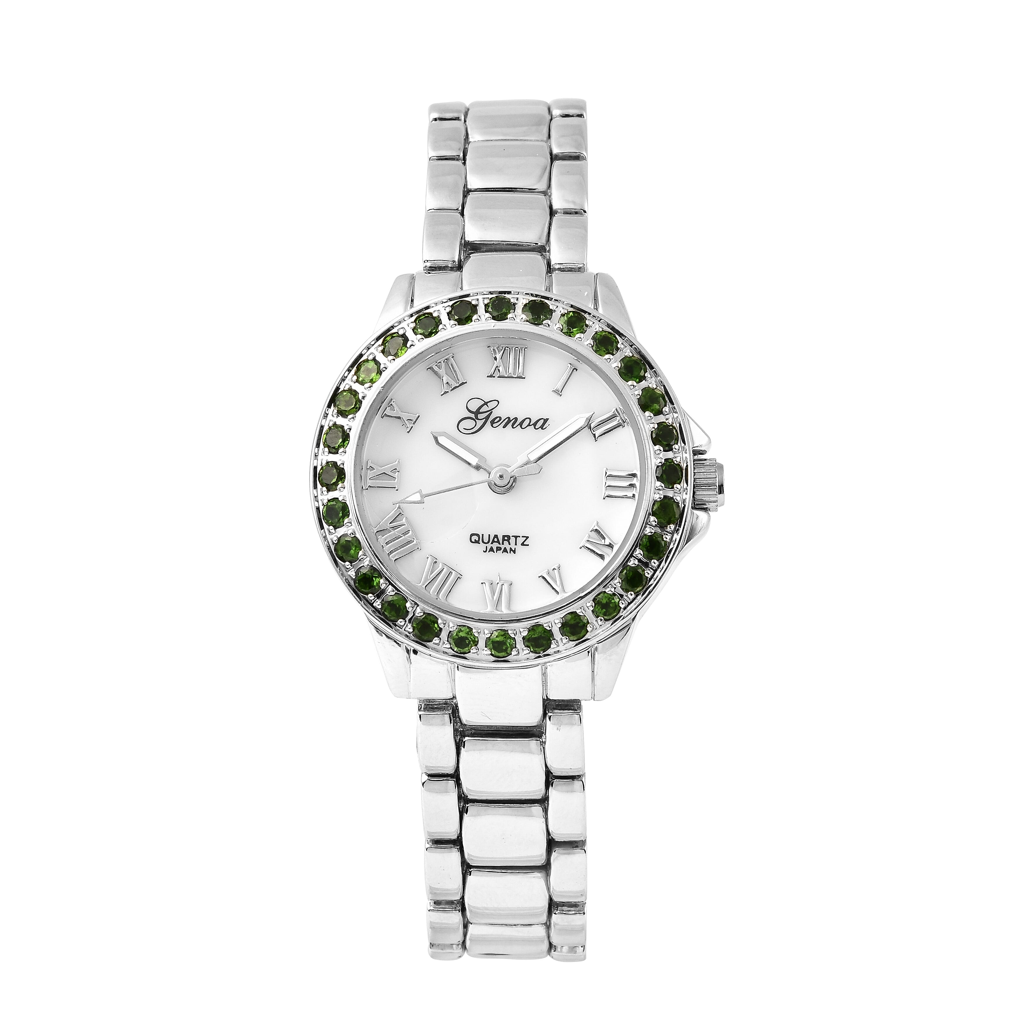Genoa Natural Chrome Diopside Miyota Japanese Movement Watch in Silvertone 1.50 ctw