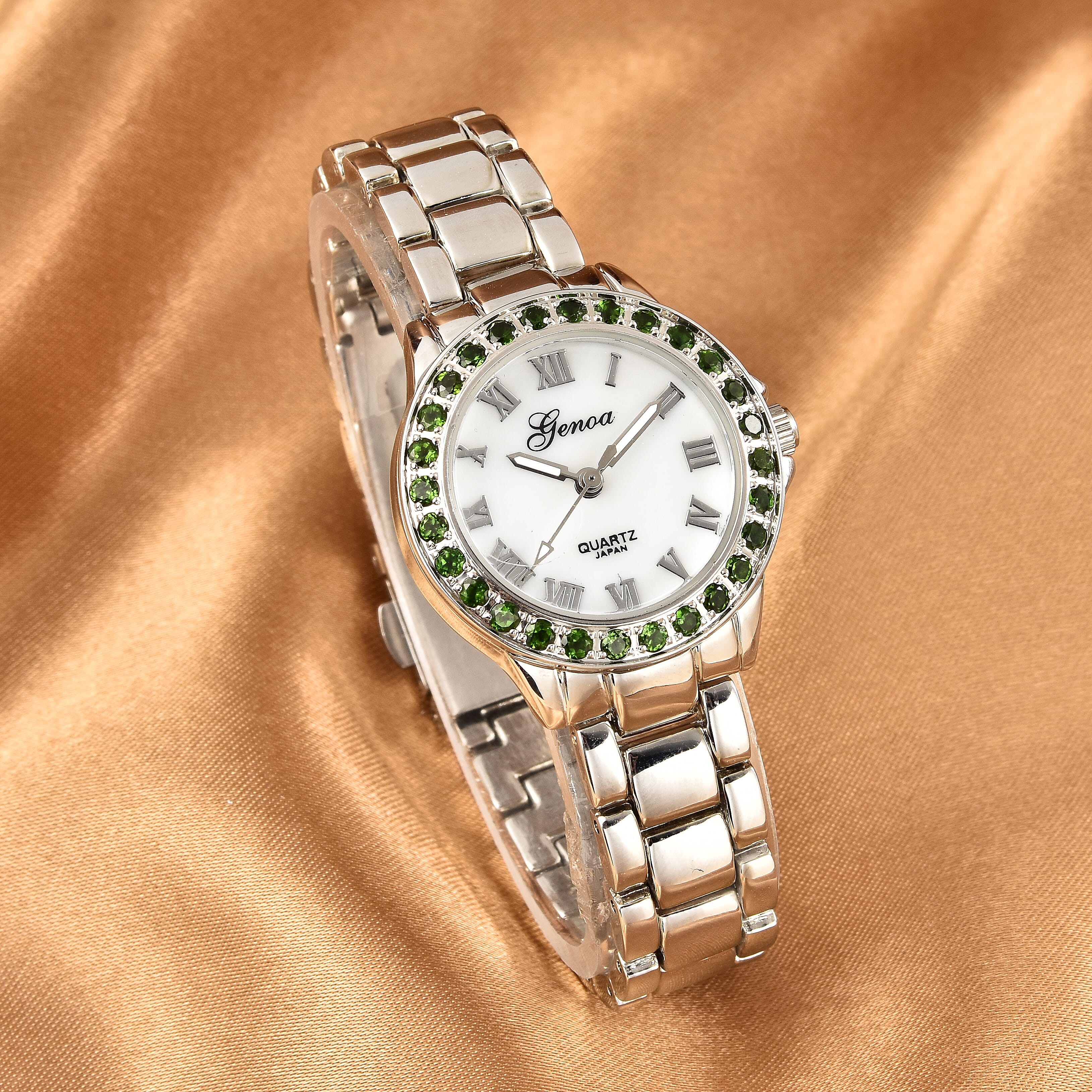 Genoa Natural Chrome Diopside Miyota Japanese Movement Watch in Silvertone 1.50 ctw