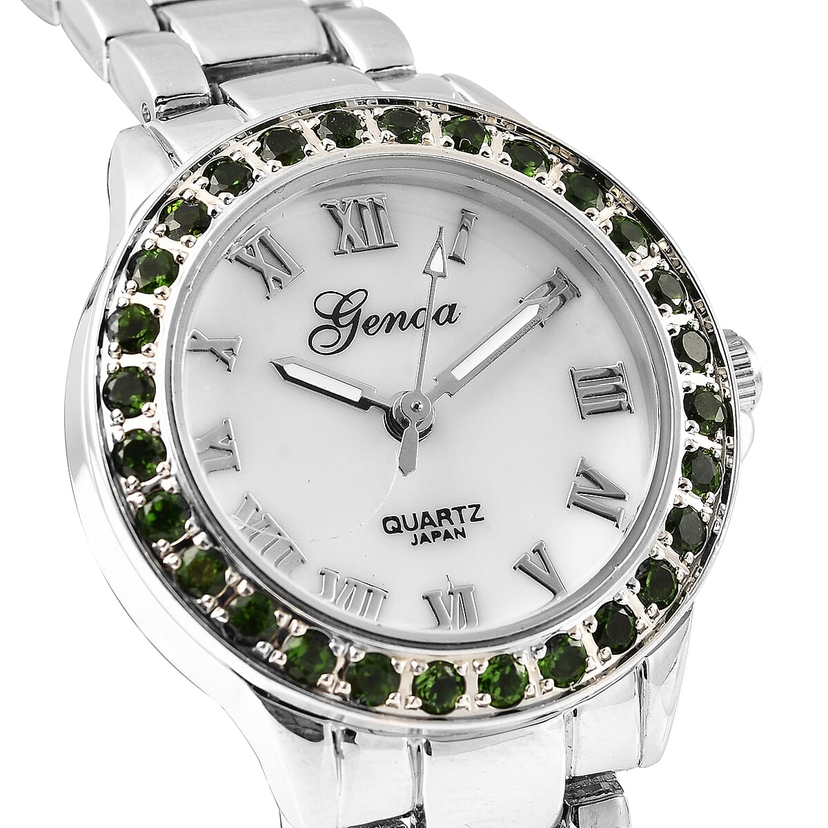 Genoa Natural Chrome Diopside Miyota Japanese Movement Watch in Silvertone 1.50 ctw
