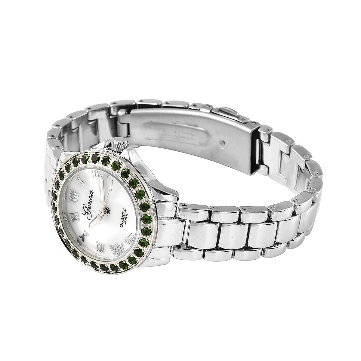 Genoa Natural Chrome Diopside Miyota Japanese Movement Watch in Silvertone 1.50 ctw