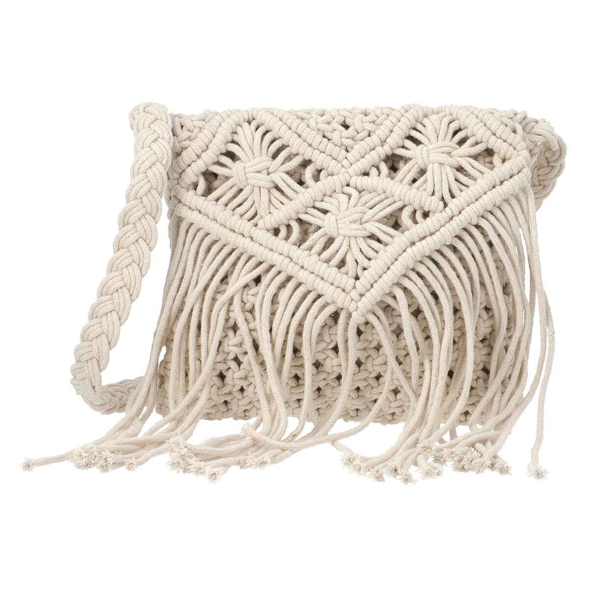 White Cotton Macrame Crossbody Bag with Long Strap image number 0