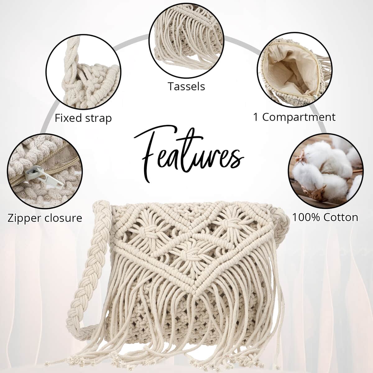 White Cotton Macrame Crossbody Bag with Long Strap image number 2