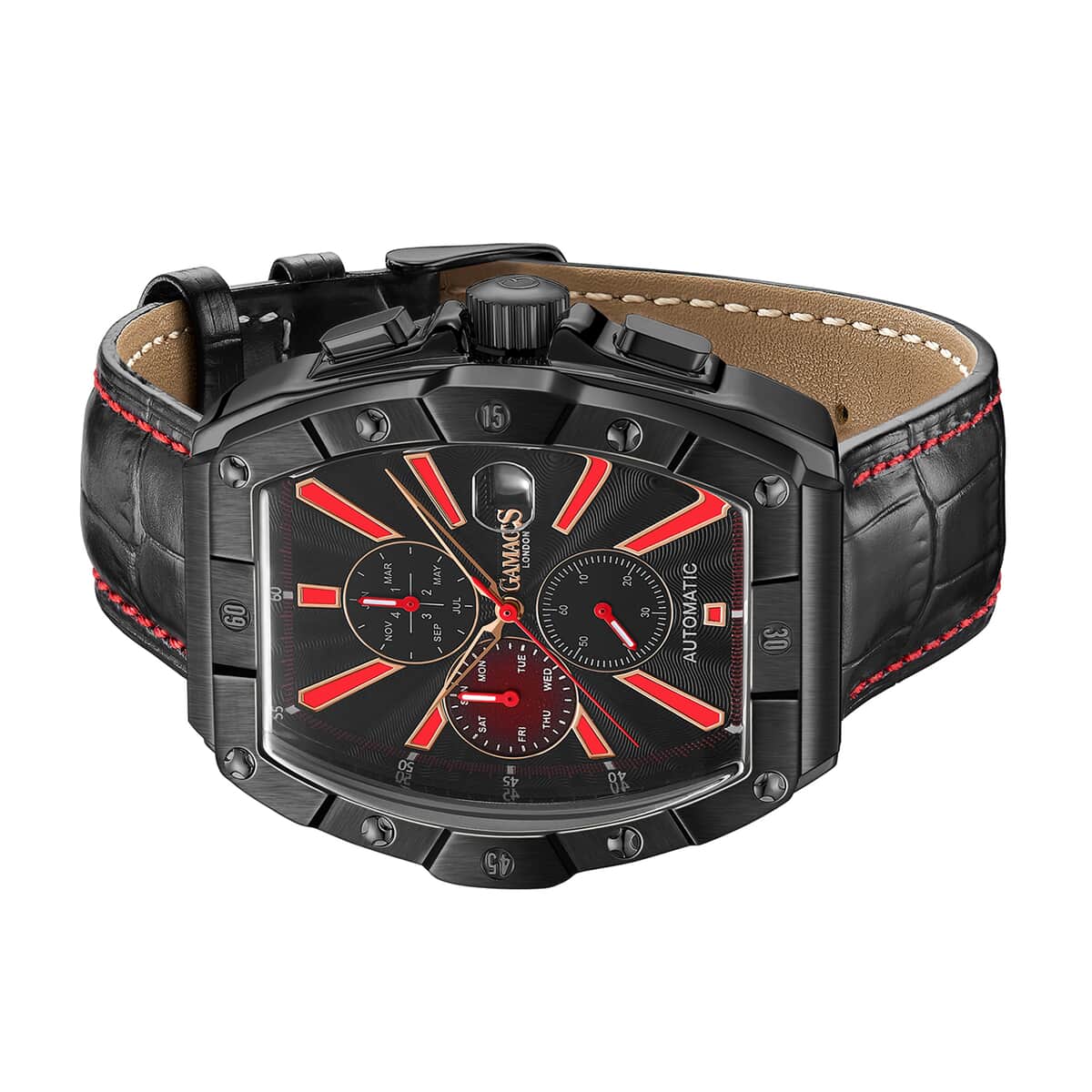 GAMAGES OF LONDON Limited Edition Hand Assembled Galactic Automatic Movement Genuine Leather Strap Watch in Black (43mm) image number 1