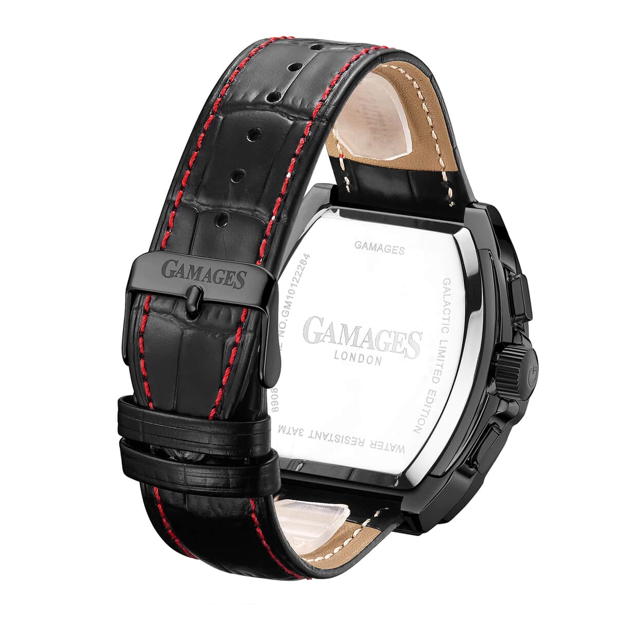 GAMAGES OF LONDON Limited Edition Hand Assembled Galactic Automatic Movement Genuine Leather Strap Watch in Black (43mm) image number 2