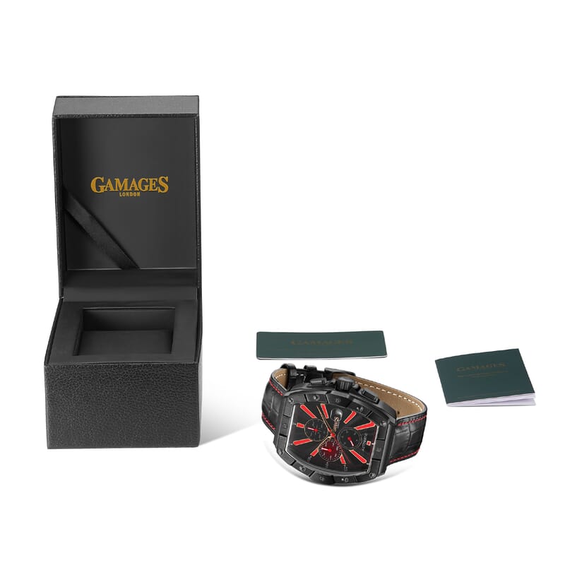 GAMAGES OF LONDON Limited Edition Hand Assembled Galactic Automatic Movement Genuine Leather Strap Watch in Black (43mm)