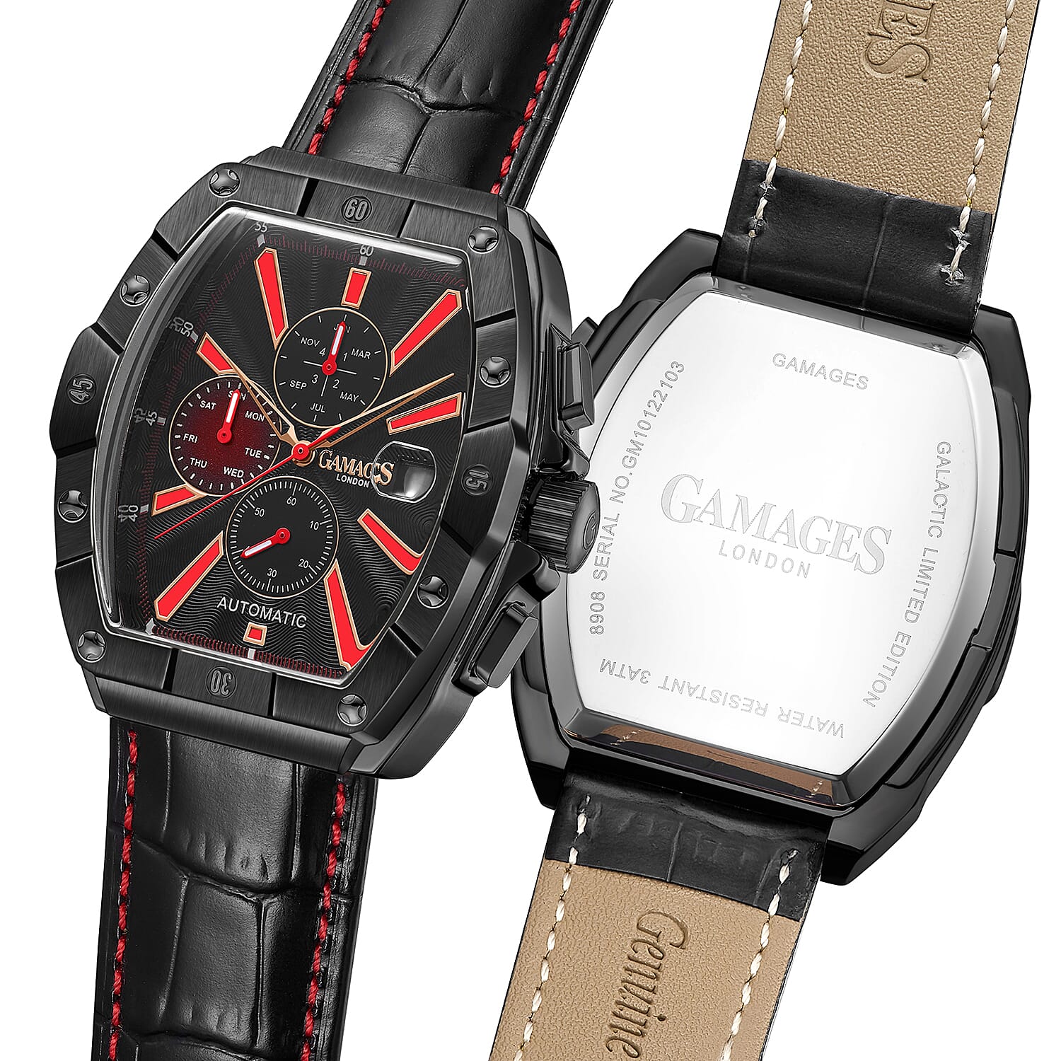 GAMAGES OF LONDON Limited Edition Hand Assembled Galactic Automatic Movement Genuine Leather Strap Watch in Black (43mm)