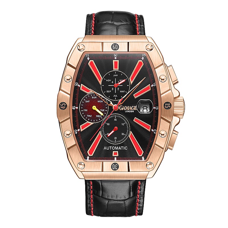 GAMAGES OF LONDON Limited Edition Hand Assembled Galactic Automatic Movement Genuine Leather Strap Watch in Rose (43mm)